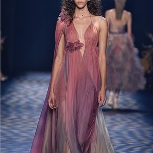 ISO Marchesa 2017 Pink Ombré Gown with Flowers and One-Shoulder Cape